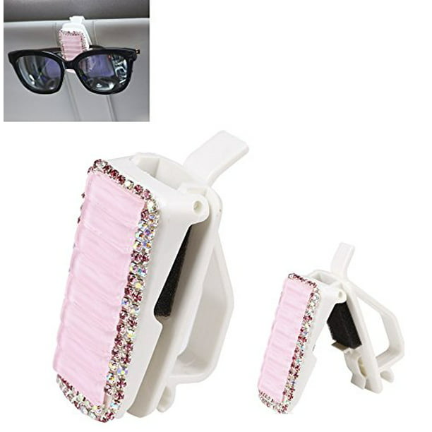 Glasses Holders for Car Sun Visor 2 Pack Pink Bling Bling Diamond Sunglasses Eyeglasses Mount with Ticket Card Clip
